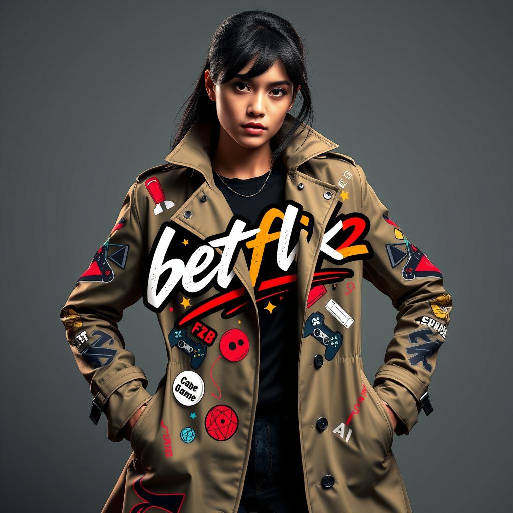 Women's Premium Trench Coat with Gaming-Inspired Graphic Design 'betflik928'